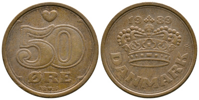 Дания 50 эре 1989 Маргрете II (1972- ) KM 866.1 бронза 89-1826