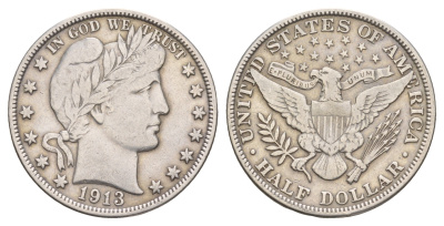 США 1/2 доллара (50 центов) 1913 50 центов Барбера KM 116 серебро    00-822-96