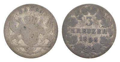Баден 3 крейцера 1848 Леопольд (1830-1852) KM 211 серебро 4604-947