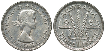 Австралия 3 пенса 1963 m, Елизавета II (1952-2022) KM 57 серебро 71-865