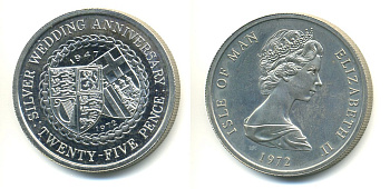 Остров Мэн 25 пенсов 1972 25 лет свадьбы Елизаветы II и Филиппа, гербы КМ 25а серебро PROOF 58-614