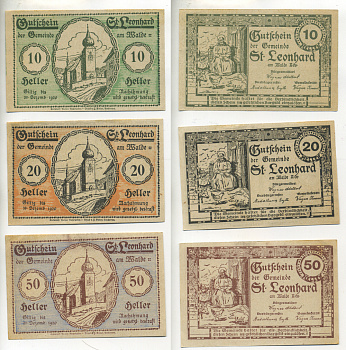 Австрия набор из 3 банкнот 1920 до 30 декабря 1920, нотгельд, 10, 20, 50 геллеров, ST. LEONHARD am WALDE   бумага  aUNC  7555-2-4-2