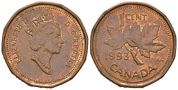 Канада 1 цент 1993 Елизавета II (1952-2022), кленовый лист KM 181 бронза 4621-356