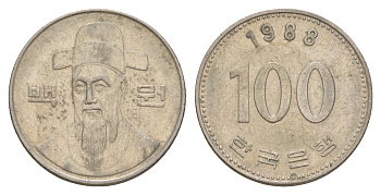 Южная Корея 100 вон 1988 Ли-Сунсин, корейский флотоводец KM 35.2 медно-никель 4654-326