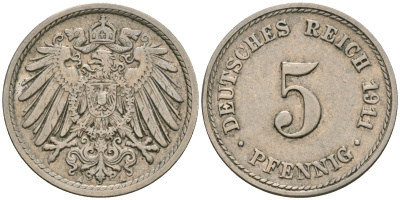 Германия 5 пфеннигов 1911 A KM 11, J. 12, Weege 6 медно-никель 08-1353
