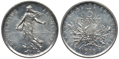 Франция 5 франков 1978 сеятель KM 926а.1, Le Franc 341.10 никель плакированный медно-никелем 4123-513