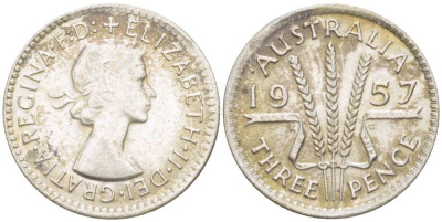 Австралия 3 пенса 1957 m, Елизавета II (1952-2022) KM 57 серебро 4516-151