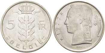 БЕЛЬГИЯ 5 ФРАНКОВ 1977 BELGIE, БОДУЭН I (1951-1993) KM 135.1 медно-никель 213-433