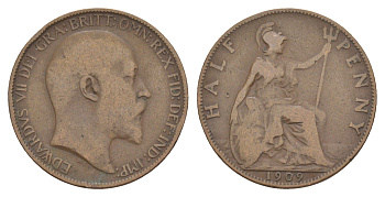 Великобритания 1/2 пенни 1909 Эдуард VII (1901-1910) KM 793.2, Spink 3991 бронза 4642-425