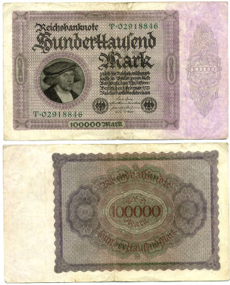 Германия 100000 марок 1923 Георг Гизе, без T под портретом, 8 цифр в номере Pick 83 a, Розенберг 82 а бумага 2192-78-1