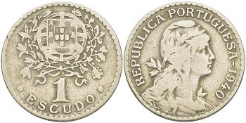 ПОРТУГАЛИЯ 1 ЭСКУДО 1940 ГОЛОВА СВОБОДЫ ВПРАВО KM 578 медно-никель 4517-431