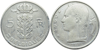 БЕЛЬГИЯ 5 ФРАНКОВ 1950 BELGIQUE KM 134.1 медно-никель 3999-751