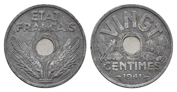 Франция 20 сантимов 1941 KM 899, Le Franc 152 цинк 3856-144