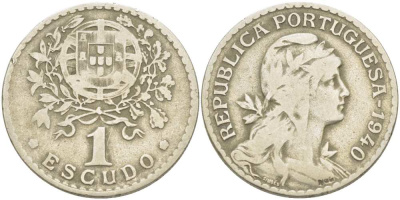 ПОРТУГАЛИЯ 1 ЭСКУДО 1940 ГОЛОВА СВОБОДЫ ВПРАВО KM 578 медно-никель 4517-431