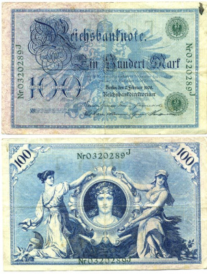 ГЕРМАНИЯ 100 МАРОК 1908 7 ФЕВРАЛЯ 1908, ЗЕЛЕНАЯ ПЕЧАТЬ, РЕПРИНТ (1918-1922) Pick 34 бумага 7523-25-3