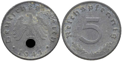 ГЕРМАНИЯ 5 РЕЙХСПФЕННИГОВ 1941 A KM 100, J. 370 цинк 105-247