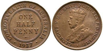 АВСТРАЛИЯ 1/2 ПЕННИ 1927 ГЕОРГ V KM 22 бронза 4384-223