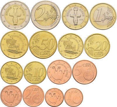 КИПР ЕВРОНАБОР ИЗ 8 МОНЕТ 2010 1, 2, 5, 10, 20, 50 ЕВРОЦЕНТОВ, 1 И 2 ЕВРО UNC 183-811