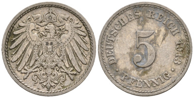 Германия 5 пфеннигов 1913 A, KM 11, J. 12 медно-никель 220-717