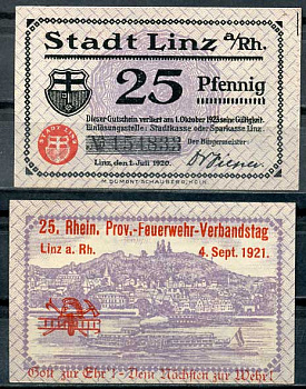 Германия, Линц-на-Рейне 25 пфеннигов 1920 нотгельд, 1.10.1923 Tieste 4140/71 бумага UNC (пресс) 8614-42-3-2