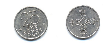 НОРВЕГИЯ 25 ЭРЕ 1974 KM 417 медно-никель 4379-969