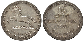 Брауншвейг-Каленберг-Ганновер 16 гутергрошенов 1831 Вильгельм IV (1830-1837) J. 33 a, AKS 66, Kahnt 211 серебро  aUNC  11-119-52