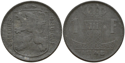 Бельгия 1 франк 1946 Belgie - Belgique, Леопольд III (1934-1947), германская оккупация, Вторая мировая война KM 128 цинк 4161-625