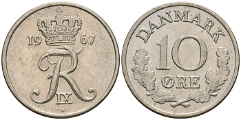 Дания 10 эре 1967 C; S, Фредерик IX (1947-1972) KM 849.1 медно-никель UNC 08-1441