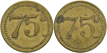 ФРАНЦИЯ 75 САНТИМОВ ND ПЛАТЕЖНЫЙ ЖЕТОН НАЧАЛА XX ВЕКА, ЦИФРЫ НОМИНАЛА 10 ММ., ДИАМЕТР 24 ММ. латунь 65-324