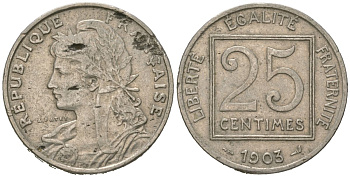 Франция 25 сантимов 1903 KM 855 никель 113-624