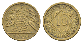 Германия 10 рентенпфеннигов 1924 J KM 33, J. 309 алюминиевая бронза 4644-1226