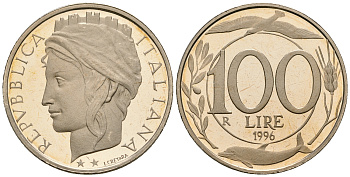 Италия 100 лир 1996 R KM 159 медно-никель PROOF 00-00