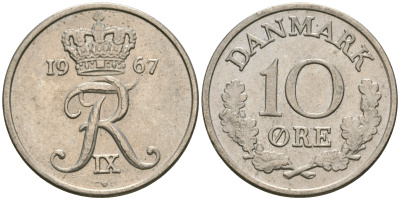 Дания 10 эре 1967 C; S, Фредерик IX (1947-1972) KM 849.1 медно-никель UNC 08-1441