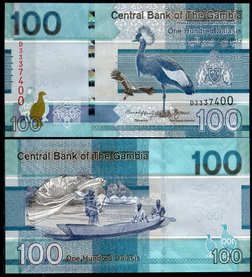 Гамбия 5, 10, 20, 50, 100 и 200 даласи 2023 серия птиц Pick 37, 38, 39, 40, 41, 42  бумага  UNC (пресс) 448-14-1-2