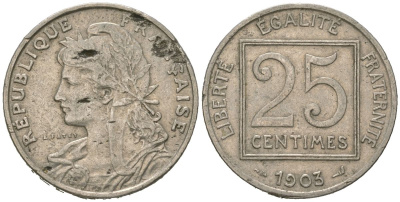Франция 25 сантимов 1903 KM 855 никель 113-624