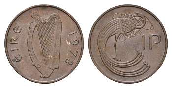 Ирландия 1 пенни 1978 мифологическая птица лира KM 20 бронза 4690-412