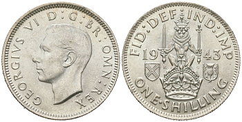 Великобритания 1 шиллинг 1943 Георг VI (1936-1952), Шотландский герб KM 854, Spink 4083 серебро aUNC 4619-827