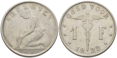 БЕЛЬГИЯ 1 ФРАНК 1922 BELGIE, АЛЬБЕРТ I (1909-1934) KM 90 никель 119-415