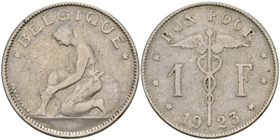 Бельгия 1 франк 1923 BELGIQUE KM 90 никель 73-1221