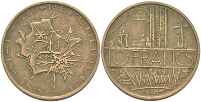 Франция 10 франков 1976 тип Матье KM 940, Le Franc 365.7-8 никель латунь 106-255