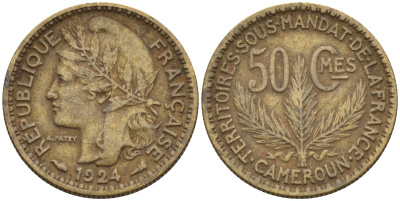 Французский Камерун 50 сантимов 1924 (а), монетный двор Париж KM 1 алюминиевая бронза 4164-1144