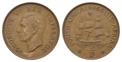 ЮАР 1 пенни 1945 Георг VI (1936-1952) KM 25 бронза 4531-142