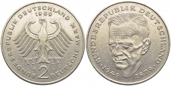 ФРГ 2 МАРКИ 1989 G, КУРТ ШУМАХЕР KM 149, J. 424 медно-никель плакированный никелем 3856-357
