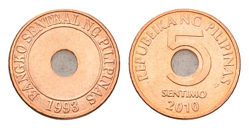 Филиппины 5 сентимо 2010 KM 268 сталь плакированная медью UNC 4668-657