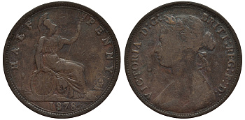 Великобритания 1/2 пенни 1878 Виктория (1837-1901) KM 754, Spink 3956 бронза 106-737