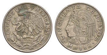 Мексика 50 сентаво 1968 Куаутемок, последний правитель империи ацтеков KM 451 медно-никель 4656-1157