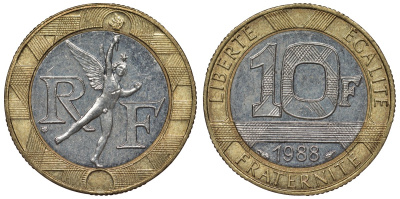 Франция 10 франков 1988 тип Гений Бастилии KM 964.1, Le Frank 375.2 биметалл 4128-511