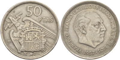ИСПАНИЯ 50 ПЕСЕТ 1957 (58) ФРАНСИСКО ФРАНКО ДИКТАТОР ИСПАНИИ ( 1939- 1975) KM 788 медно-никель 4185-933