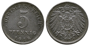 ГЕРМАНИЯ 5 ПФЕННИГОВ 1918 А KM 19, J. 297 железо 4380-147
