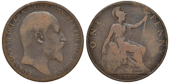 Великобритания 1 пенни 1904 Эдуард VII (1901-1910) KM 794.2, Sp 3990 бронза 4165-712